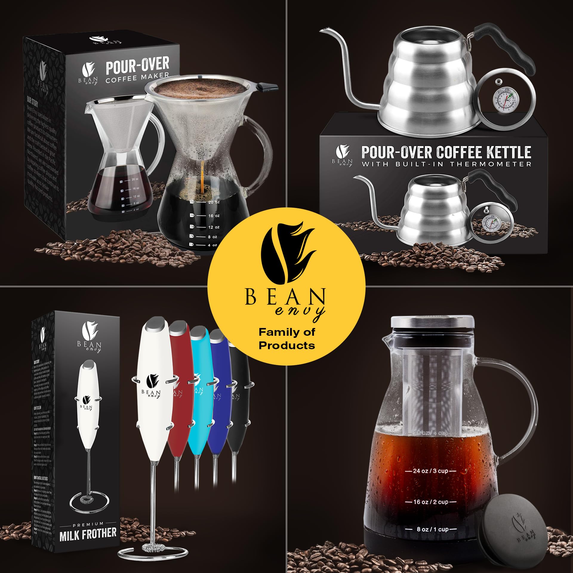 Bean Envy - Espumador de leche de mano para café, batidora de mano eléctrica, mini batidora de bebidas y varita espumadora de café con soporte para café con leche, capuchino, matcha y chocolate