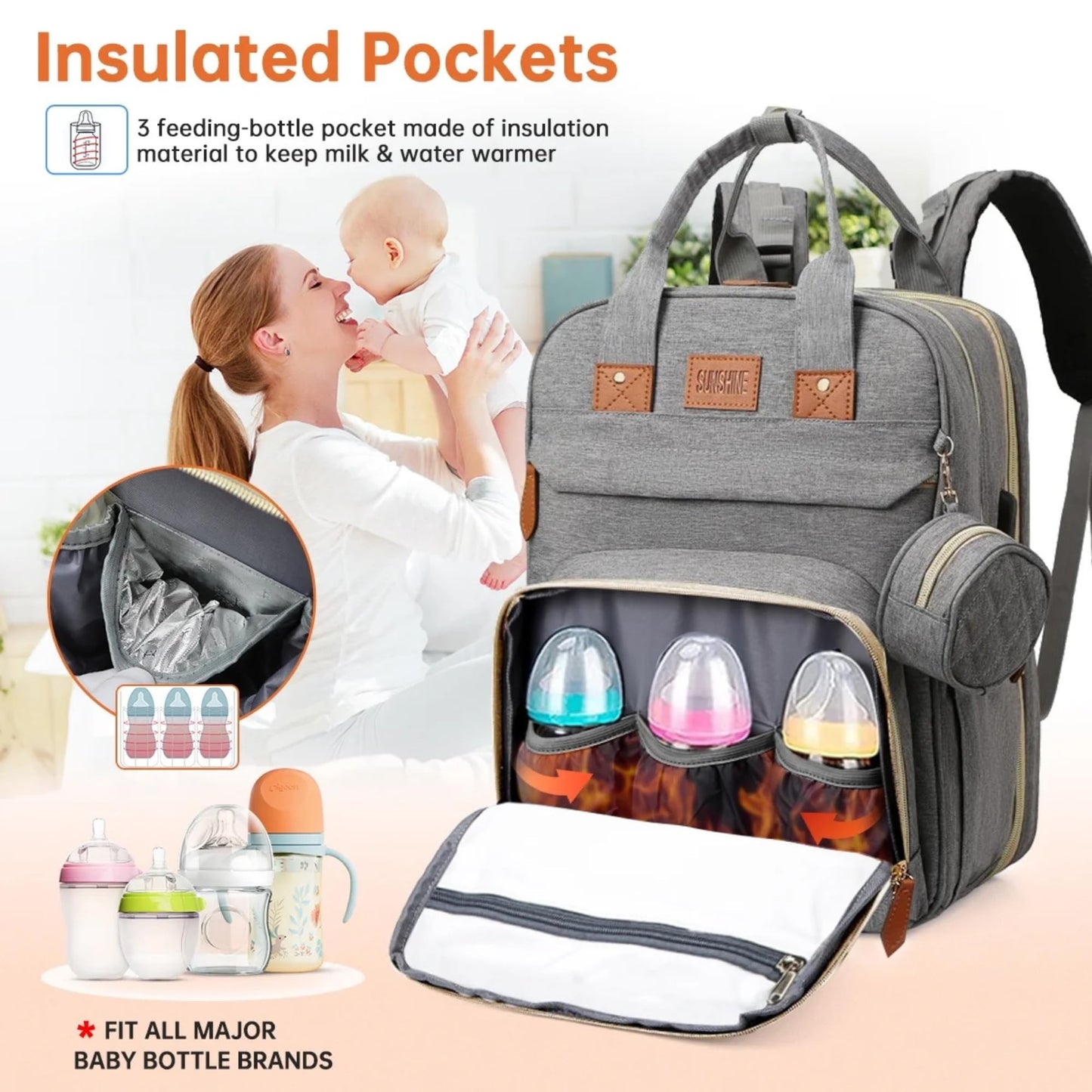 Koskids - Mochila para pañales Bolsa grande para pañales de viaje. Bolsa de pañales impermeable multifuncional con cambiador, puerto USB, correas de carriola y estuche para chupete, Gris, Large,
