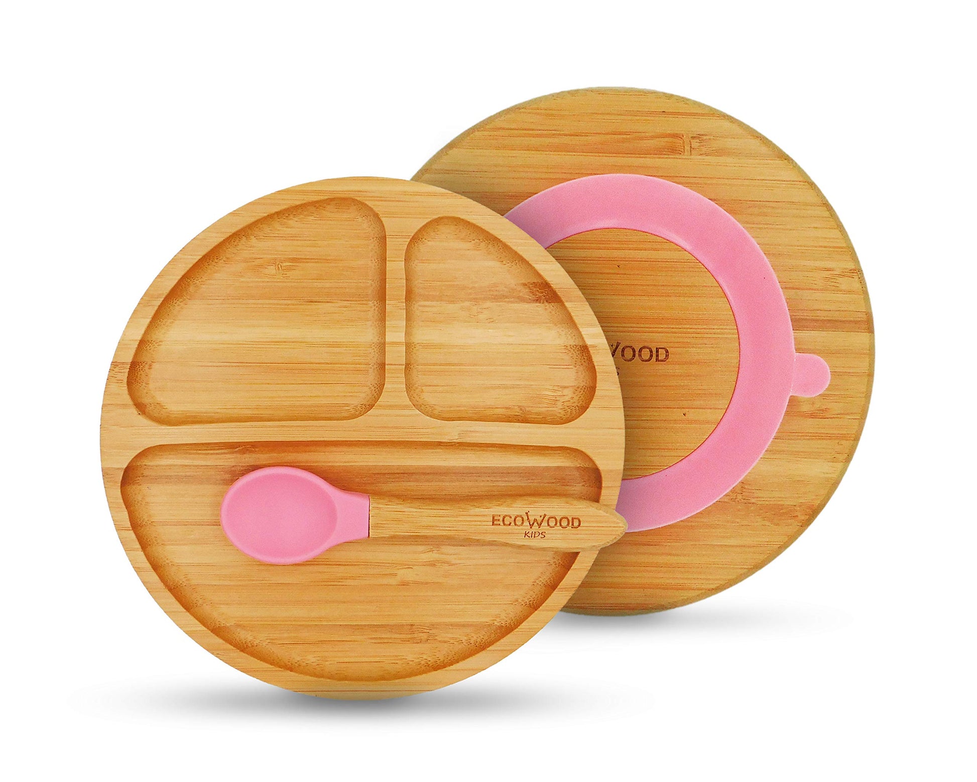 Ecowood® Plato Extendido de Bambú con Divisiones para Bebe y Niño - Con Base de Silicona Succión Adherente y Antiderrapante (Rosa)