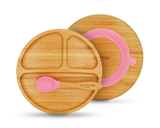 Ecowood® Plato Extendido de Bambú con Divisiones para Bebe y Niño - Con Base de Silicona Succión Adherente y Antiderrapante (Rosa)