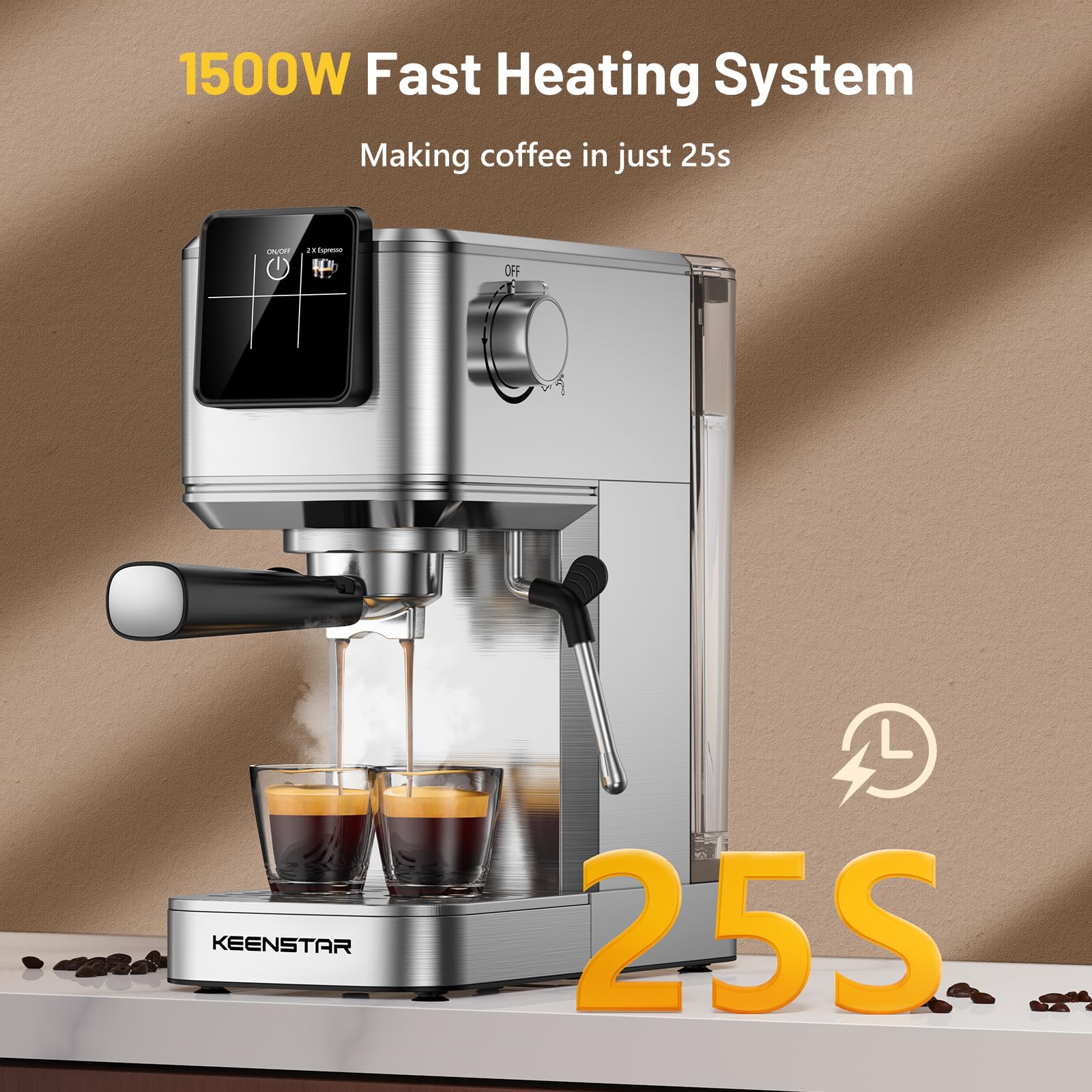 KEENSTAR Máquina de Café Espresso de 20 Barras, Caliente y Helado Con Cerveza Rápida en Frío, Varita de Vapor, Visualización Táctil y Tanque de Agua de 30 Onzas