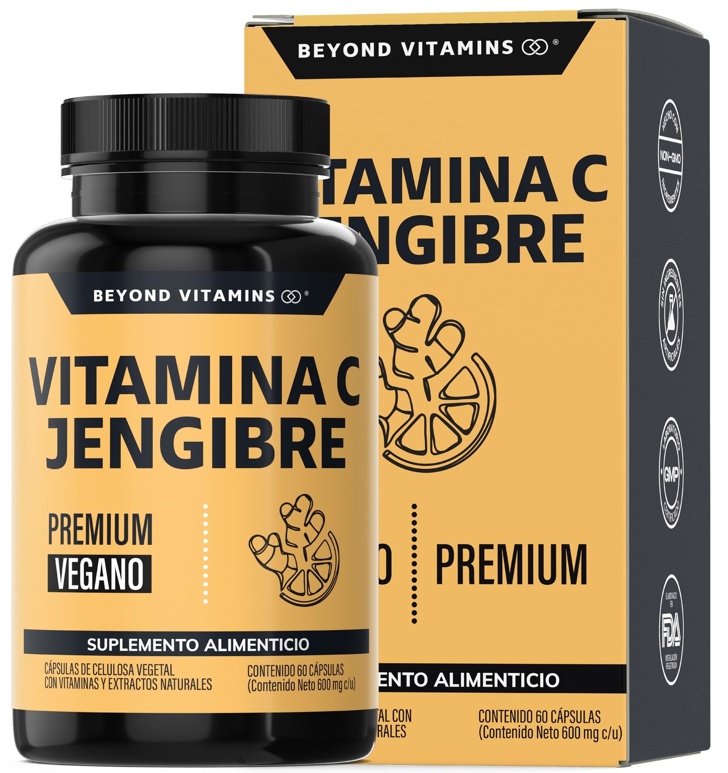 Beyond Vitamins | Vitamina C potenciada con antioxidantes y anti-inflamatorios, Jengibre, Equinácea, Ajo, Orégano, Zinc y Vitamina D3, Cápsulas veganas (60 Cápsulas)