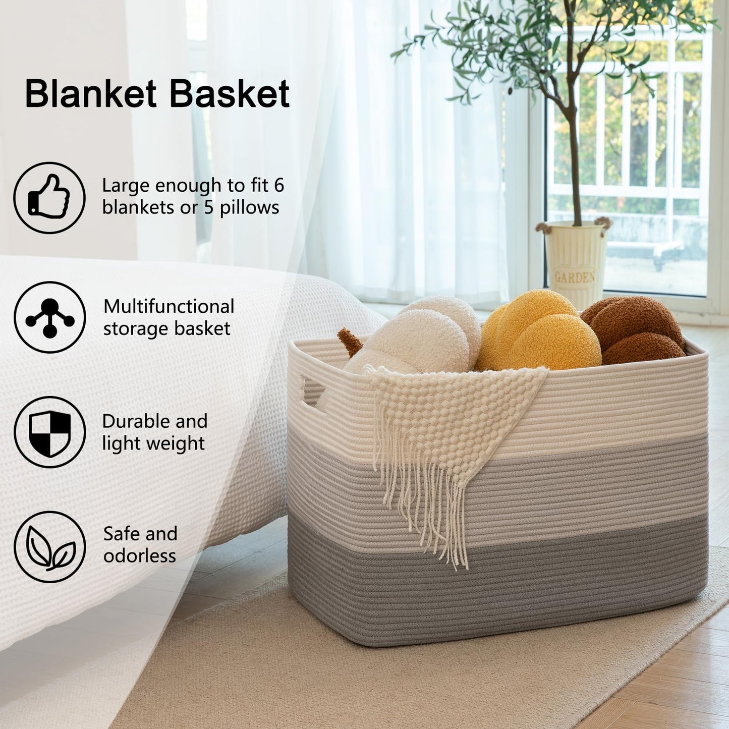 OIAHOMY - Cesta grande de cuerda de algodón de 108 L, cestas tejidas rectangulares para almacenamiento, almacenamiento de mantas para cuarto de bebé y sala de estar, cesta de juguetes con asa - 63,5