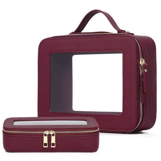 Pinkmik - Bolsa de maquillaje transparente con bolsa para brochas, 2 unidades, impermeable, para cosméticos y artículos de cambiador, organizador de cosméticos para mujer con cierre, X/Borgoña, L+SLIM