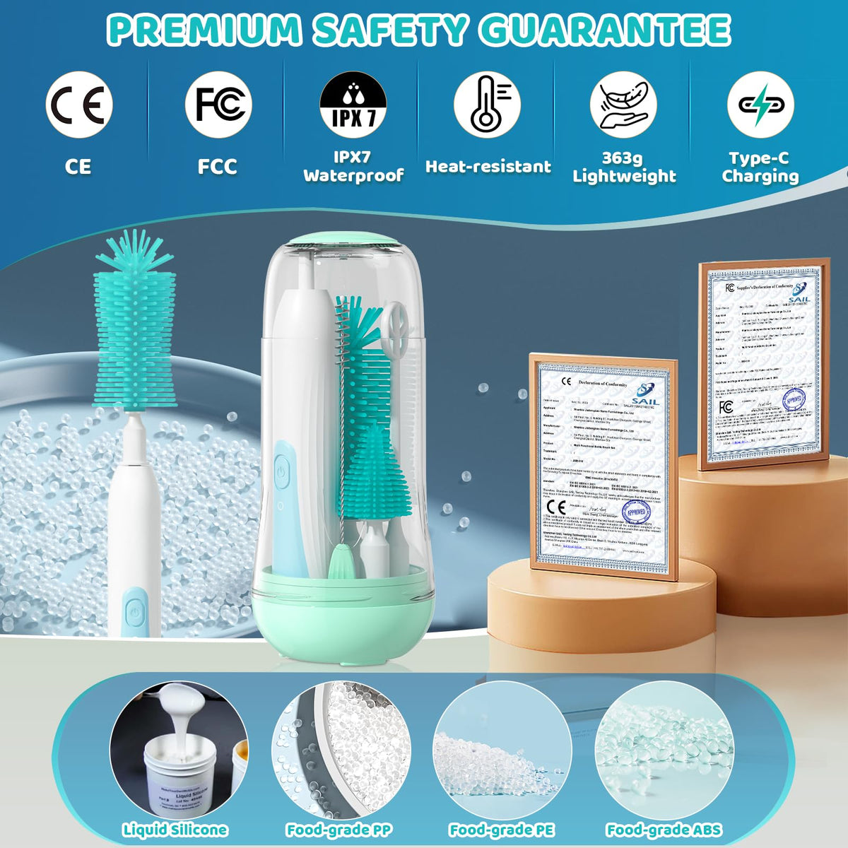 IvyWind Juego De Limpieza Automático De Biberones De Viaje Con Esterilizador UV Y Caja De Almacenamiento, Cepillo Eléctrico Para Biberones/Pezones/Pajitas En Silicona
