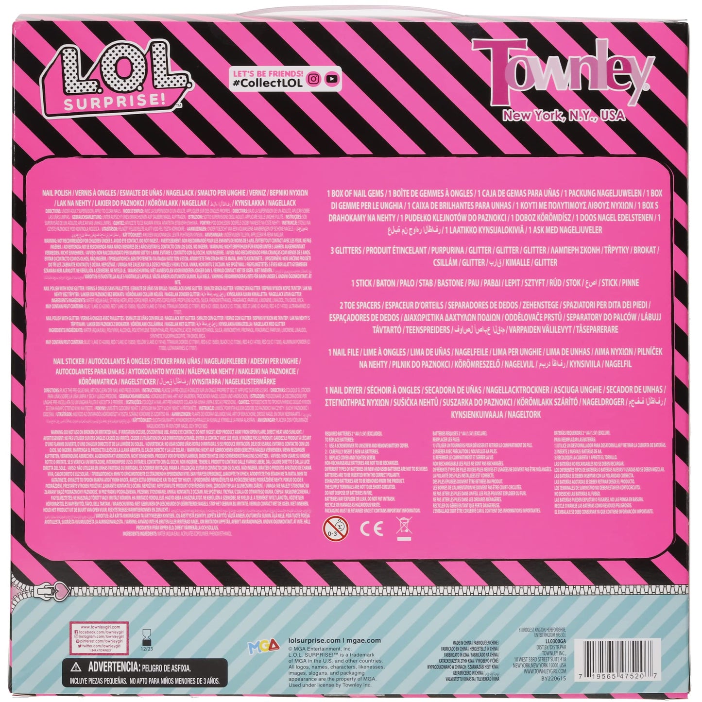 L.O.L. Surprise! Townley Girl, Non-Toxic Peel-Off Water-Based Safe Quick Dry Nail Polish Gift Kit Set for Kids Set With Nail Gem Wheel, Nail Stickers, Toe Spacers, Nail File, Glitter Vials, and Nail Dryer, Batteries Not Included, Ages 5+