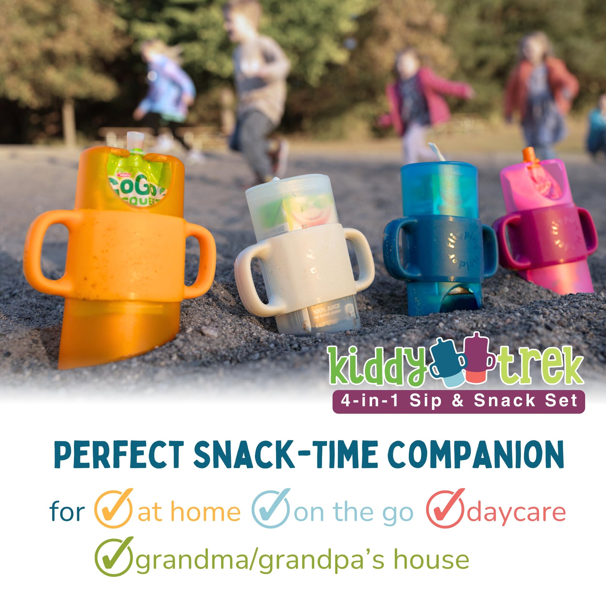 Soporte giratorio 4 en 1 para sorbos y aperitivos – Soporte para bolsa de comida de viaje, soporte para caja de jugo, taza de aperitivos y sorbos para bebés, niños pequeños y niños