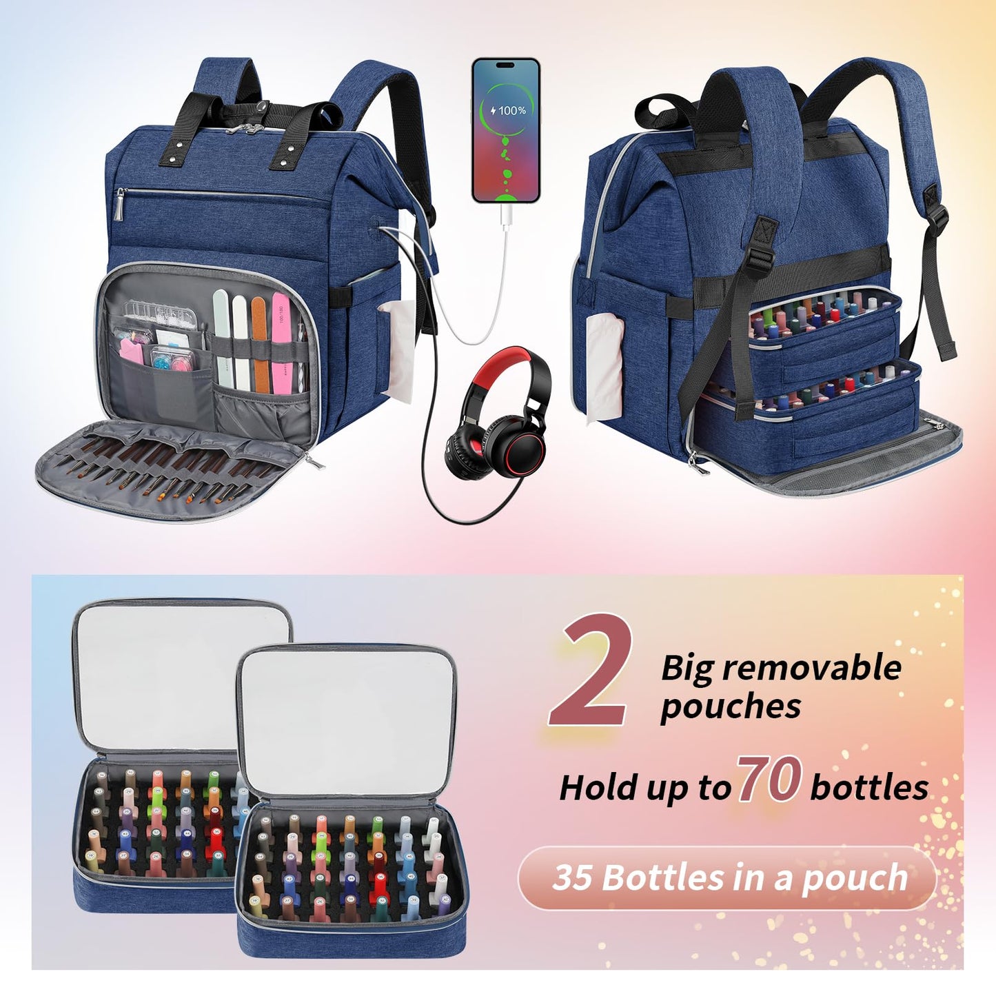LTINVECK - Funda organizadora de esmalte de uñas con capacidad para 70 botellas (15 ml/0.5 fl.oz), Azul, 15 x 13.8 x 11 inches, Viajes