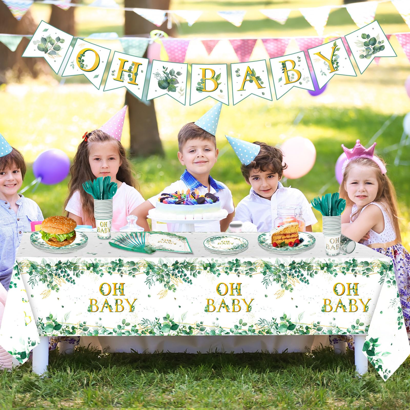 Juego de vajilla de 180 piezas de Sage Greenery Oh para fiesta de bebé, mantel de hoja de eucalipto, 24 platos de cena, plato de postre y servilletas para niño y niña, salvia, suministros de decoración de fiesta