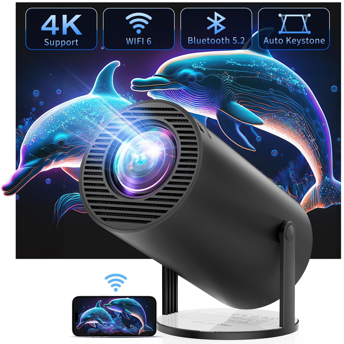 CLOKOWE Proyector con WiFi y Bluetooth, compatible con 4K FHD 1080P, mini proyector portátil de películas para exteriores, piedra clave automática, compatible con iOS/Android/HDMI/TV Stick/Windows