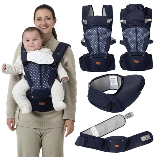 BabbleRoo - Portabebés 6 en 1 con asiento de cadera, ergonómico, acogedor y ajustable, 7 a 50 libras con soporte lumbar y cadera, esencial para recién nacidos, portabebés imprescindible, color negro