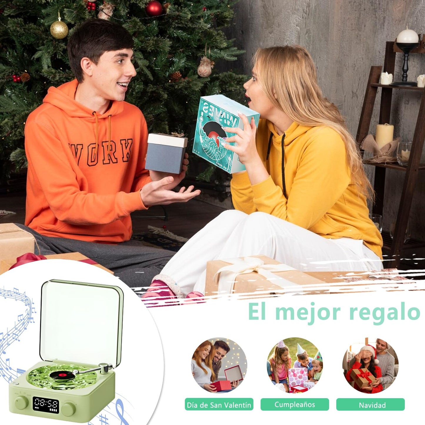 YRHDYU Reproductor de Vinilos, Tocadiscos Bluetooth con Luz Nocturna y Visualización de La Hora, Bocina Tocadiscos Bluetooth Vinilo Waves Recargable, Mini Altavoces Portátiles (Verde)