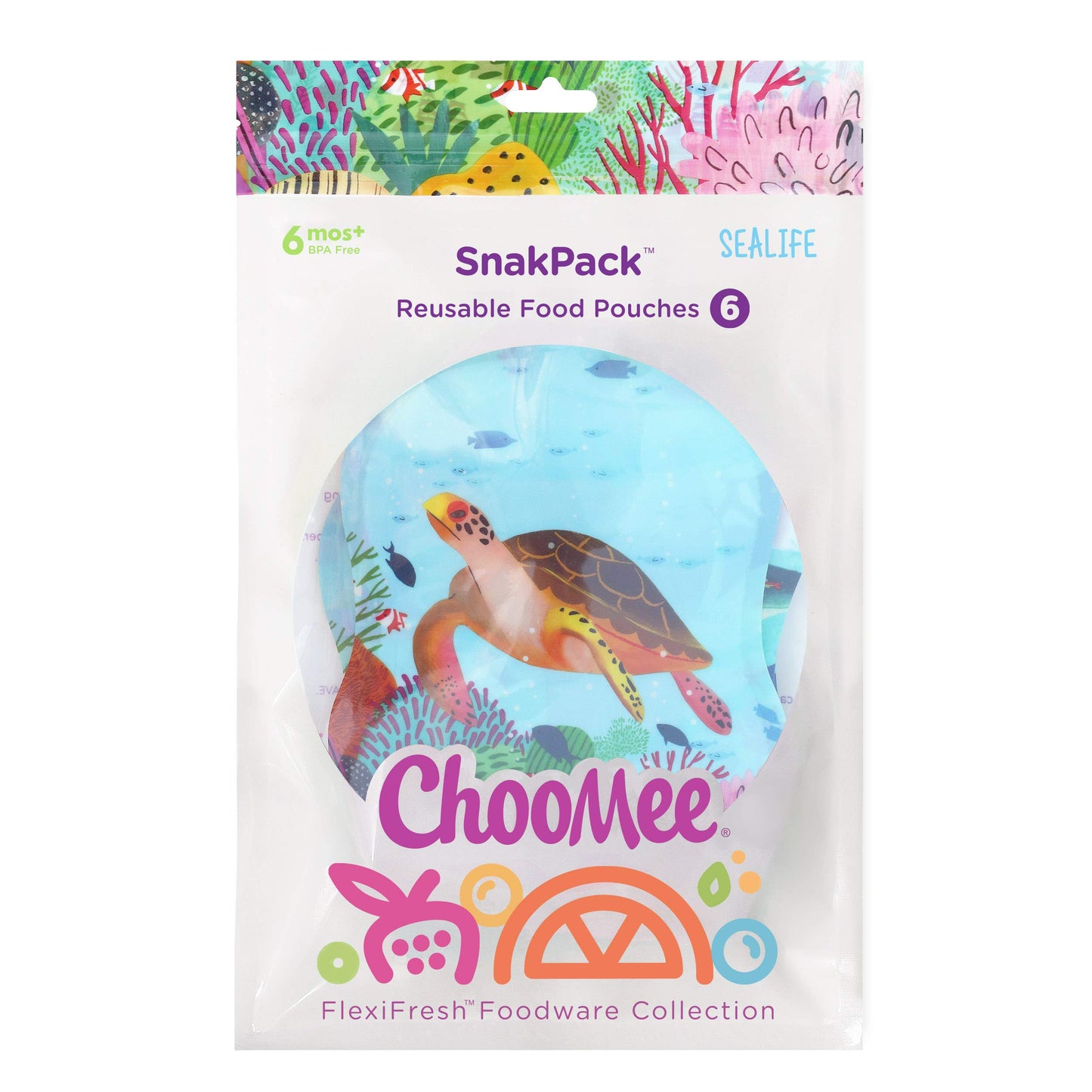 ChooMee Bolsas reutilizables para alimentos para bebés, 8 onzas | doble cremallera, parte inferior ancha, libre de BPA, 6 CT | SnakPack Sealife