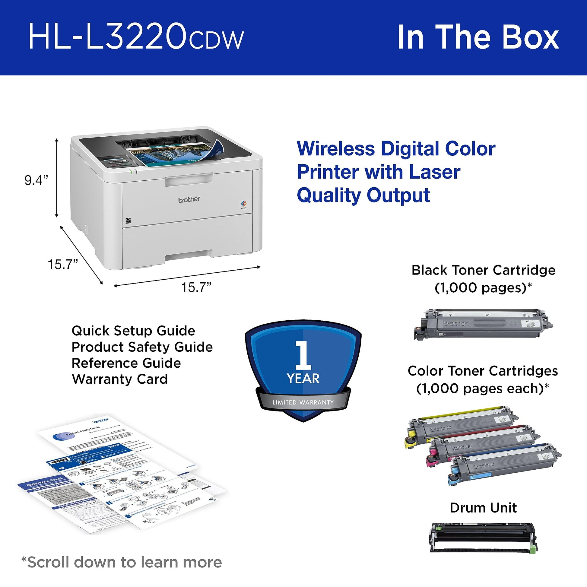 Brother Impresora láser Color con impresión inalámbrica rápida de Salida de 19 ppm, función dúplex, Compatible con Dispositivos móviles, Bandeja de Papel de 250 Hojas para impresión Profesional de