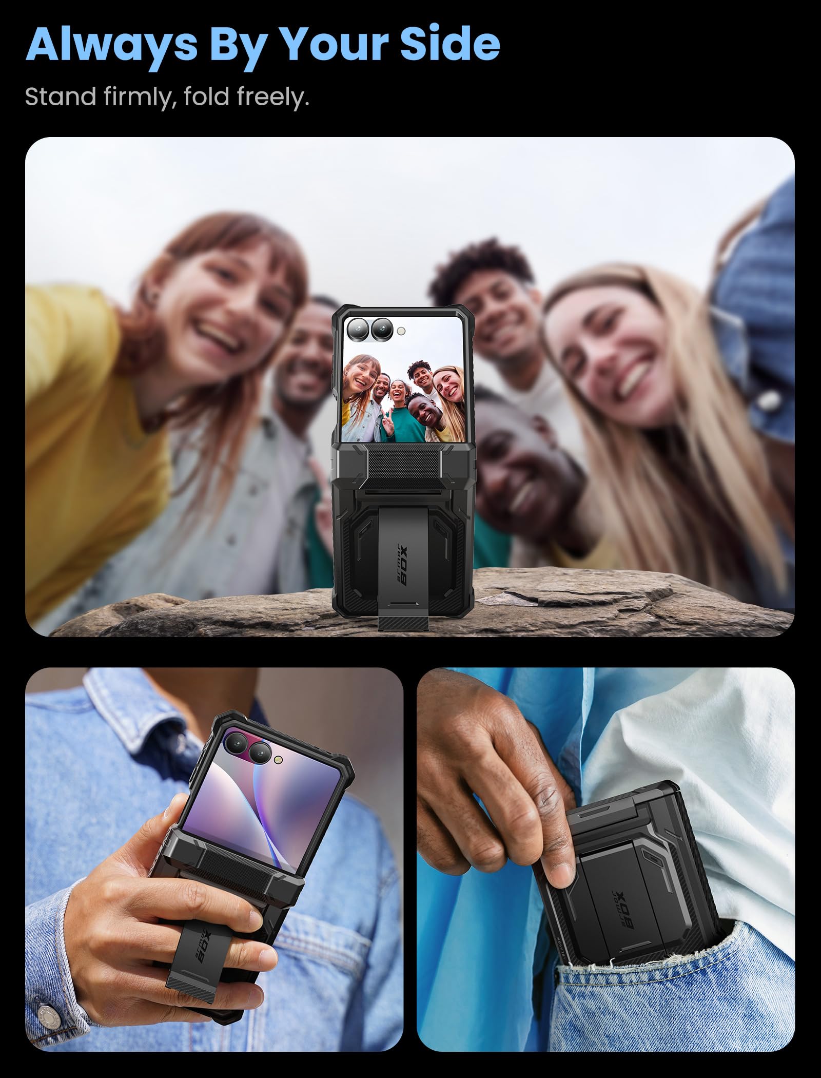 i-Blason Funda para Samsung Galaxy ZFlip 7 [Armorbox] Carcasa con Protector de Pantalla de Vidrio Templado [Protección Militar] Resistente Case con Soporte y Clip para Cinturón - Negro
