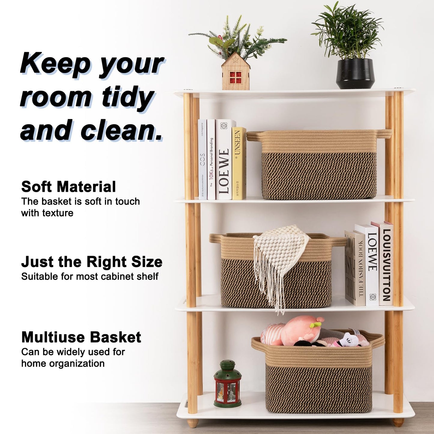 OIAHOMY - Paquete de 3 cestas de almacenamiento para organizar, 13 x 9.85 x 8.7 pulgadas, cesta tejida con asas, cesta de almacenamiento de juguetes, cesta elegante para decoración de habitación, café