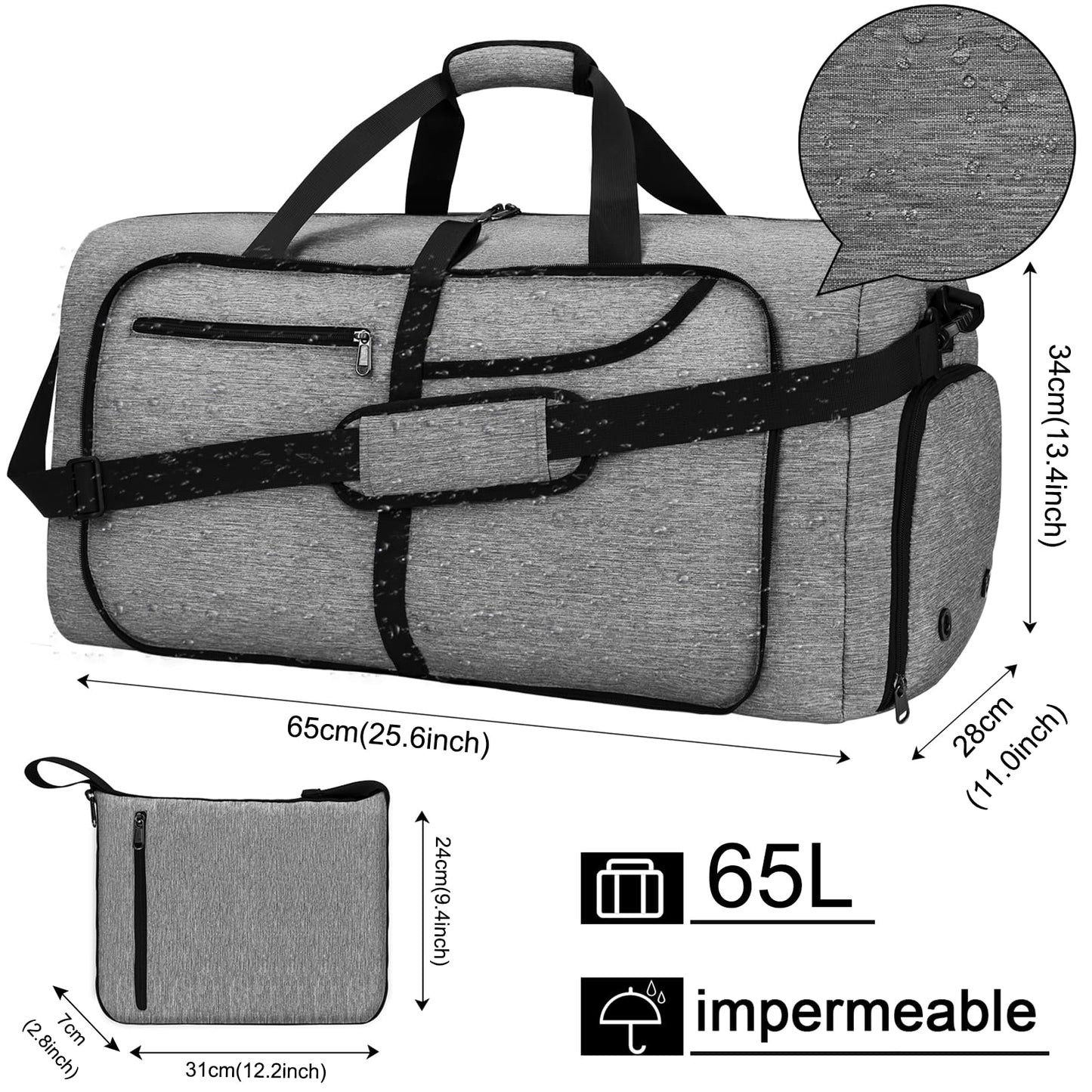 Bolsa de Viaje NEWHEY Gris Plegable Impermeable 65L con Compartimento para Zapatos para Mujer y Hombre