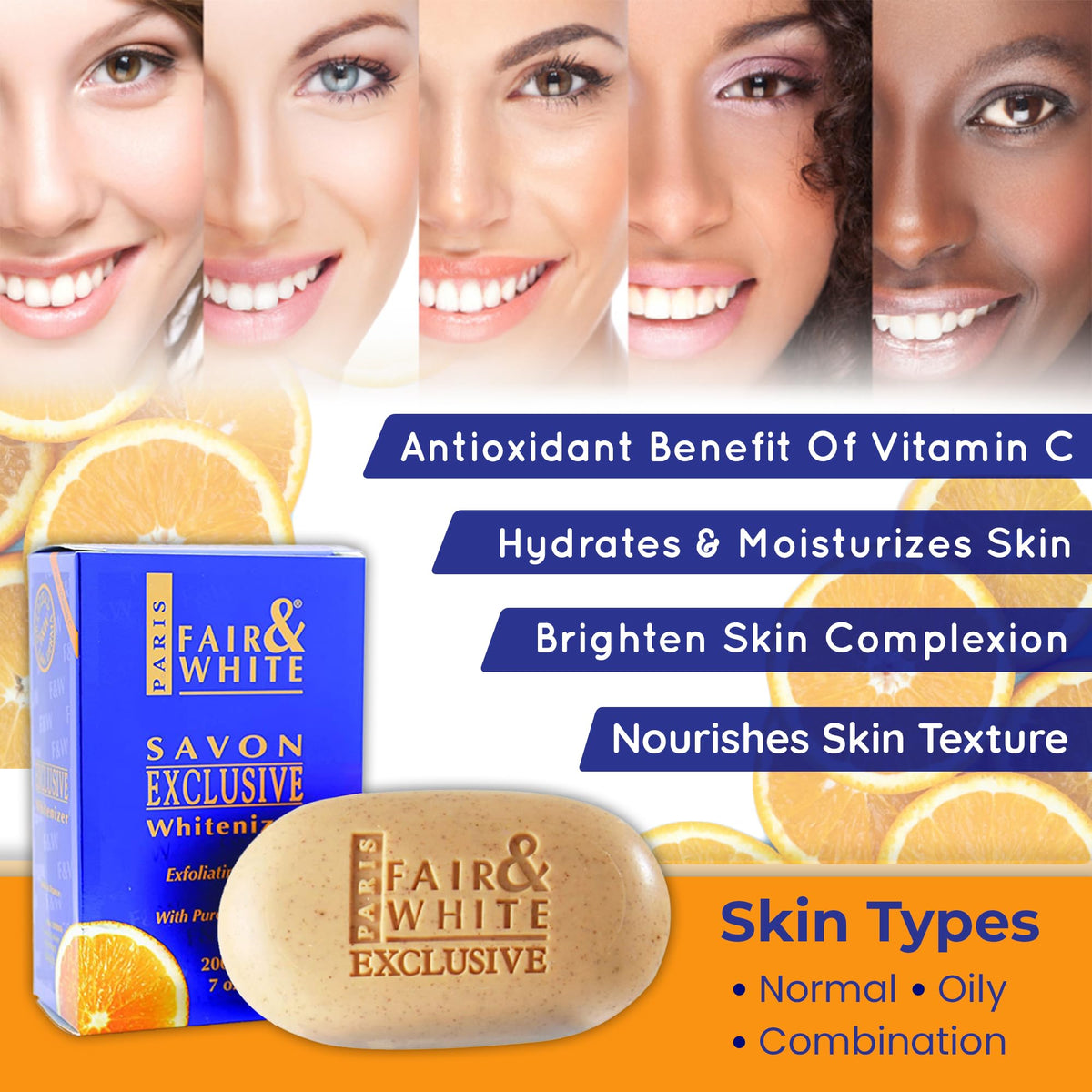 FAIR & WHITE | Jabón Exfoliante despigmentante | Tratamiento Limpiador Aclarante de Manchas o Zonas Oscurecidas | Con Vitamina C y Manteca de Karité | Barra 200gr