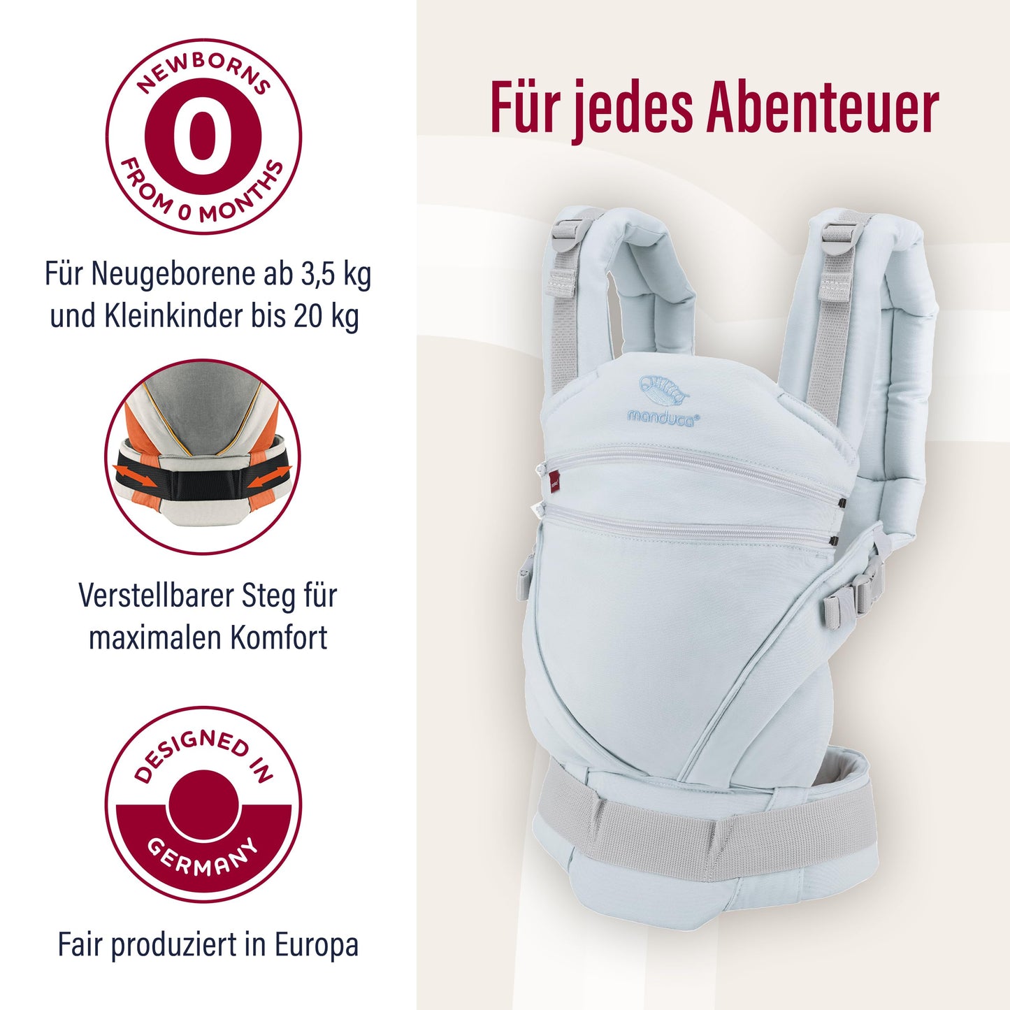 Manduca XT, portabebés con asiento ajustable, 3 posiciones de transporte (delantero, cadera y espalda), algodón orgánico, crece con tu bebé (3,5-20 kg), Monochrome Artic, XT Cotton