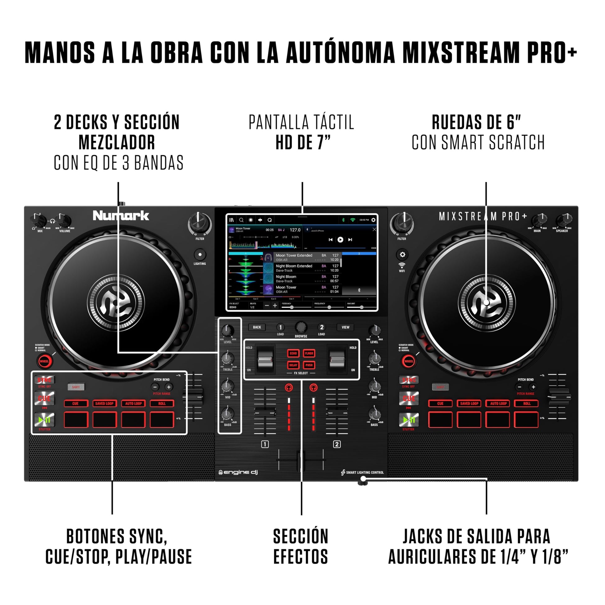Controlador DJ Numark Mixstream Pro+ en Negro con Pantalla Táctil de 7 Pulgadas y Streaming por Wifi