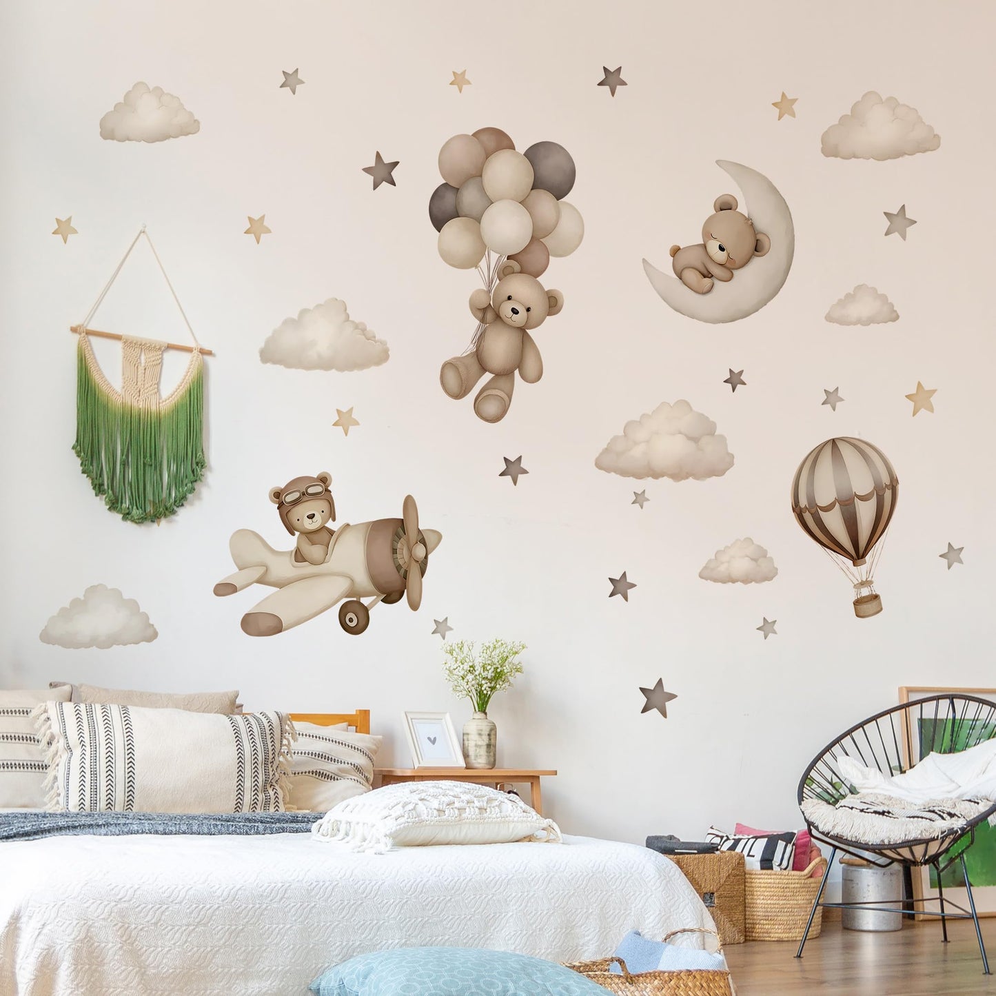 Calcomanías de pared de oso de peluche, diseño de oso de dibujos animados, globos de aire, estrella, luna, decoración de pared para habitación de niños, niñas y niños, habitación de bebé, decoración