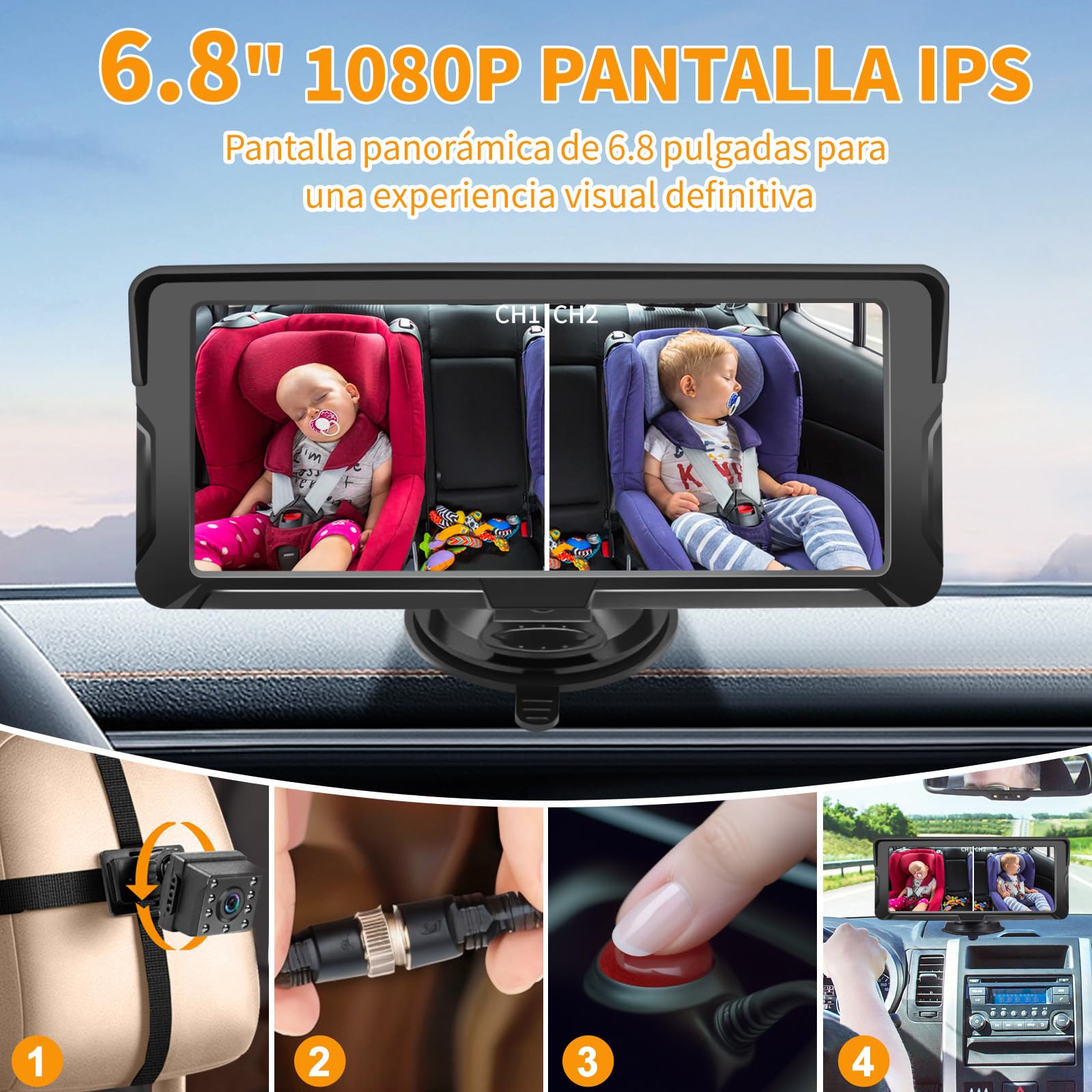 Bebé Coche Espejo, 6.86 Pulgadas Cámara Coche Bebé Asiento Trasero HD 1080P con Visión Nocturna, Ángulo de Visión Amplio de 150°, Espejo de Coches para Bebés con Giratorio 360°, Espejo Retrovisor Auto