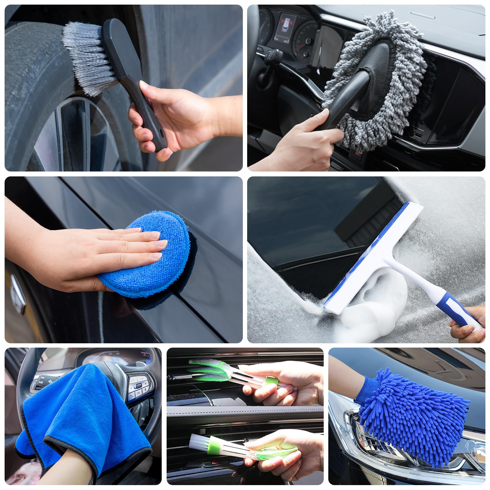 AUTODECO - Juego de 27 cepillos para detalles de coche, kit de detalles de coche, juego de cepillos de taladro para detalles automáticos, kit de herramientas de limpieza de lavado de automóviles para interiores, exteriores, ruedas, azul