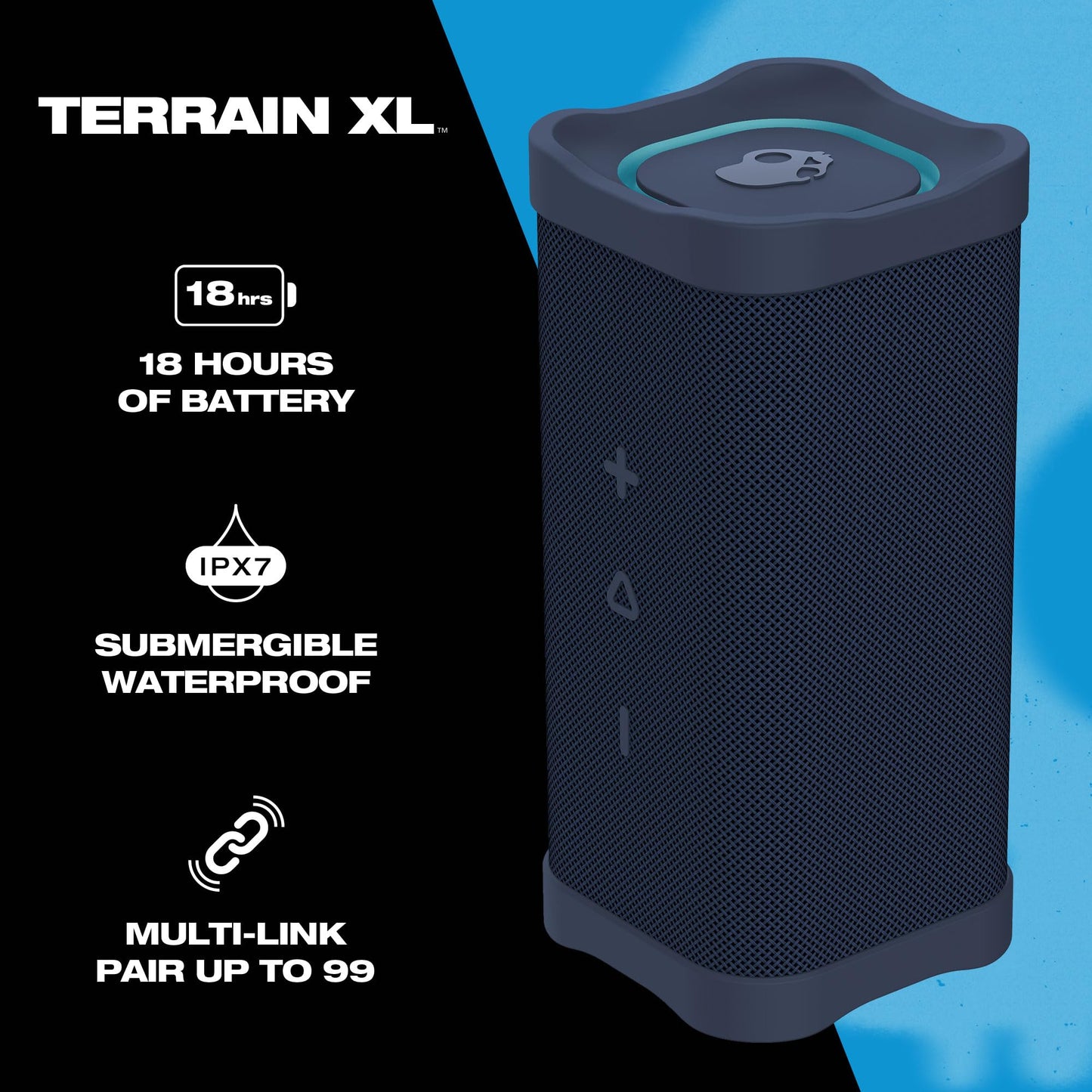 Skullcandy Terrain XL - Altavoz inalámbrico Bluetooth IPX7 Impermeable con radiadores pasivos duales Personalizados, batería de 18 Horas, muñequera de Nailon y estéreo inalámbrico Verdadero