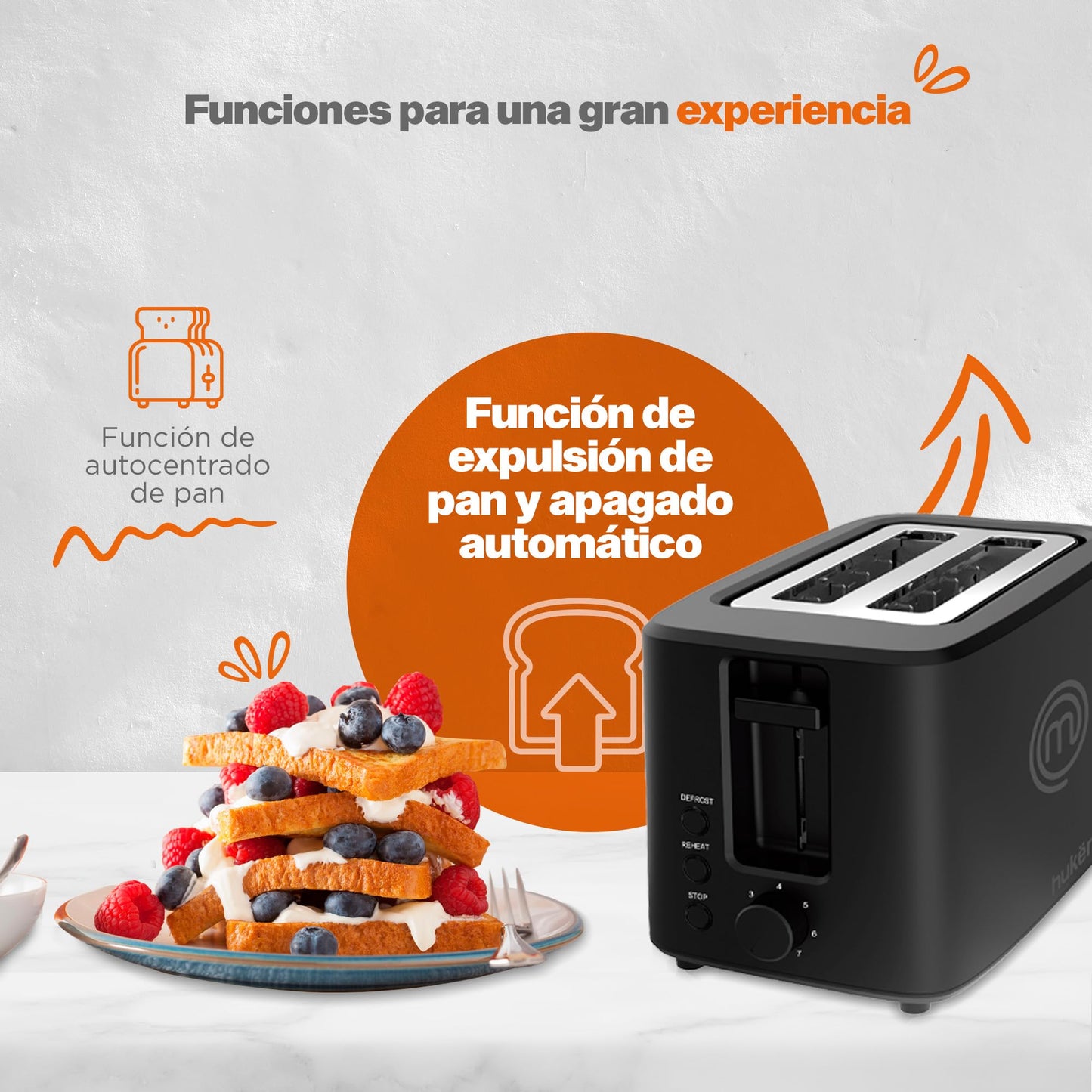 Hukën x MasterChef | Tostador de Pan | Ranura Extra Grande | Para 2 rebanadas | 7 niveles de tostado | 750 W de Potencia| Función Recalentar y Descongelar |