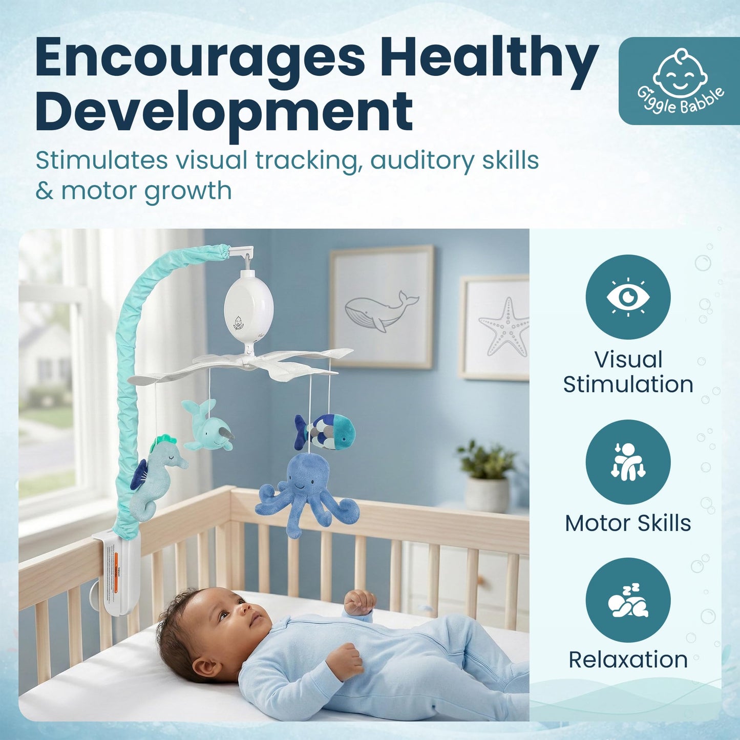 Giggle Babble Ocean - Móvil para bebé con música, cuna náutica calmante con animales marinos, canciones de cuna calmantes para dormir tranquilo, decoración de guardería para niños o niñas