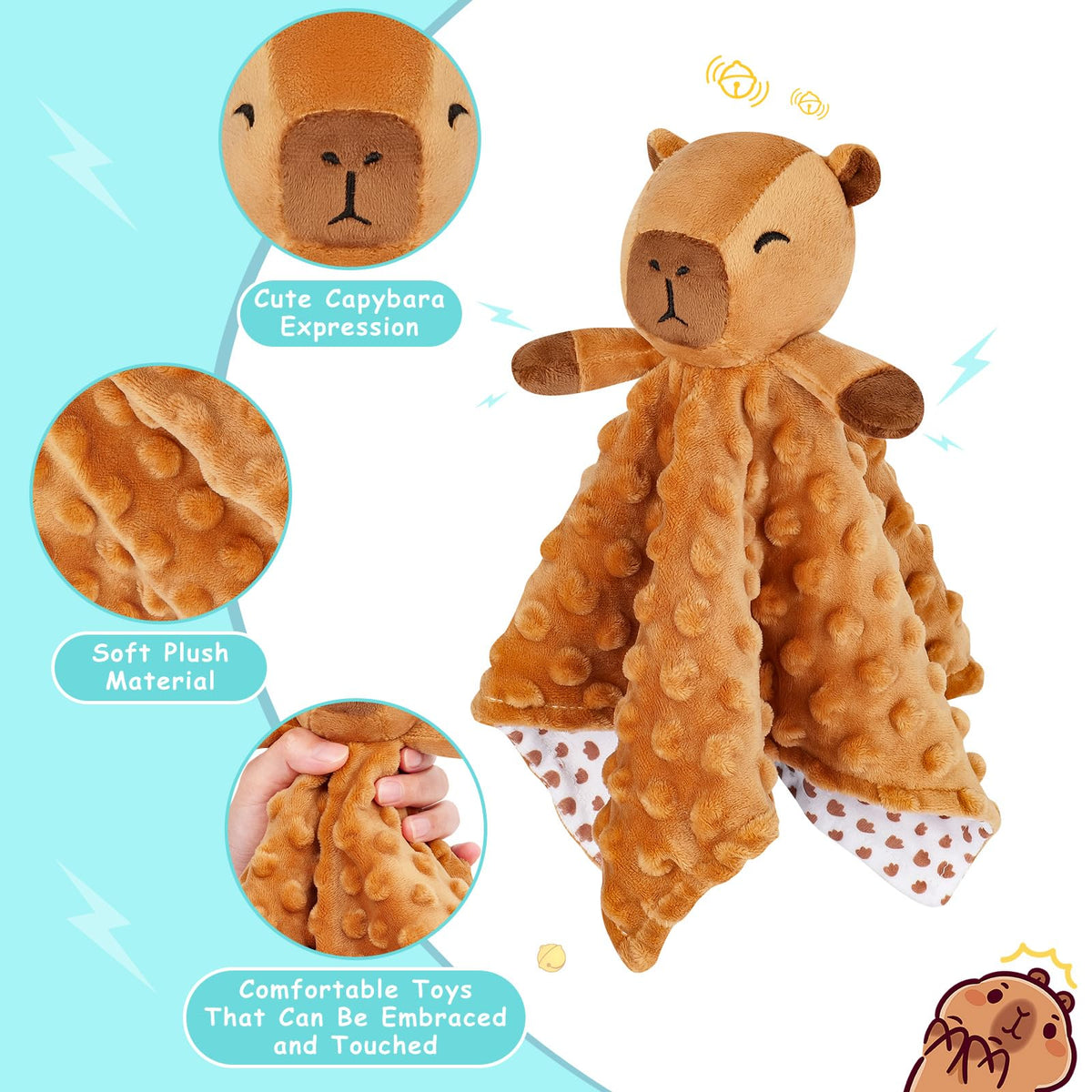 Sprinqdawin Loveys para Bebés, Manta de Seguridad de Bebé Kawaii Capybara para Recién Nacido Infante Niño Pequeño Juguete de Abrazo Animal de Peluche, Mantas de Seguridad Lovey Capybaras Regalos Bebé