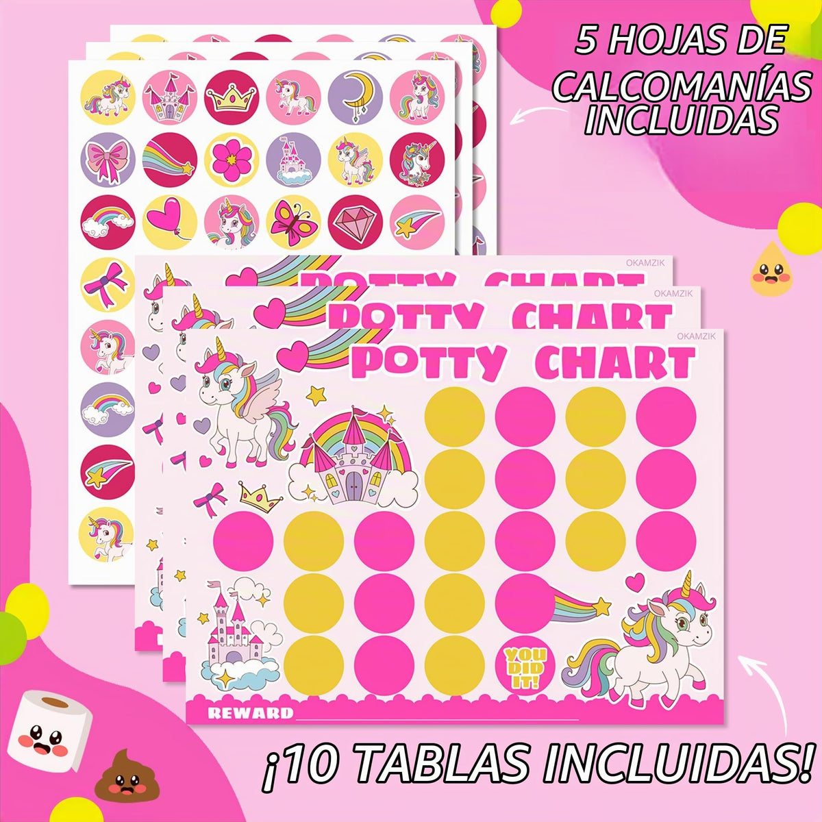 Tabla de entrenamiento para ir al baño para niñas, tema de unicornio, 8.3 x 11.2 pulgadas, paquete de 10 cartas con 5 pegatinas de recompensa