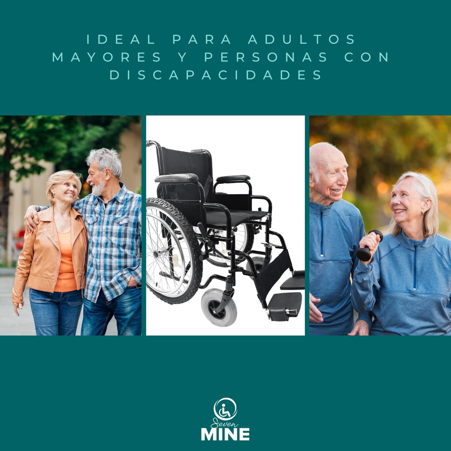 Silla de Ruedas Todo Terreno SEVEN MINE Negra con Neumáticos Traseros de 24 Pulgadas y Llantas Anchas Delanteras 8x2 Pulgadas