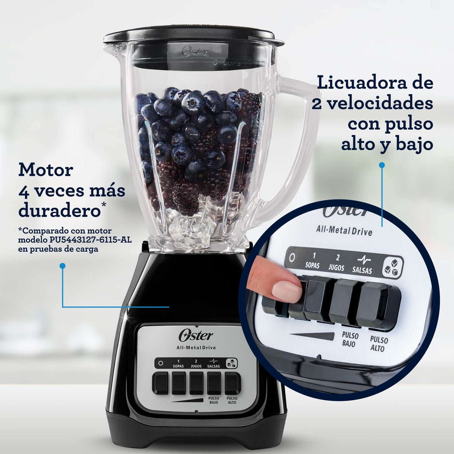 Licuadora Oster Azul Con Vaso De Vidrio Y Dos Velocidades Más Pulso