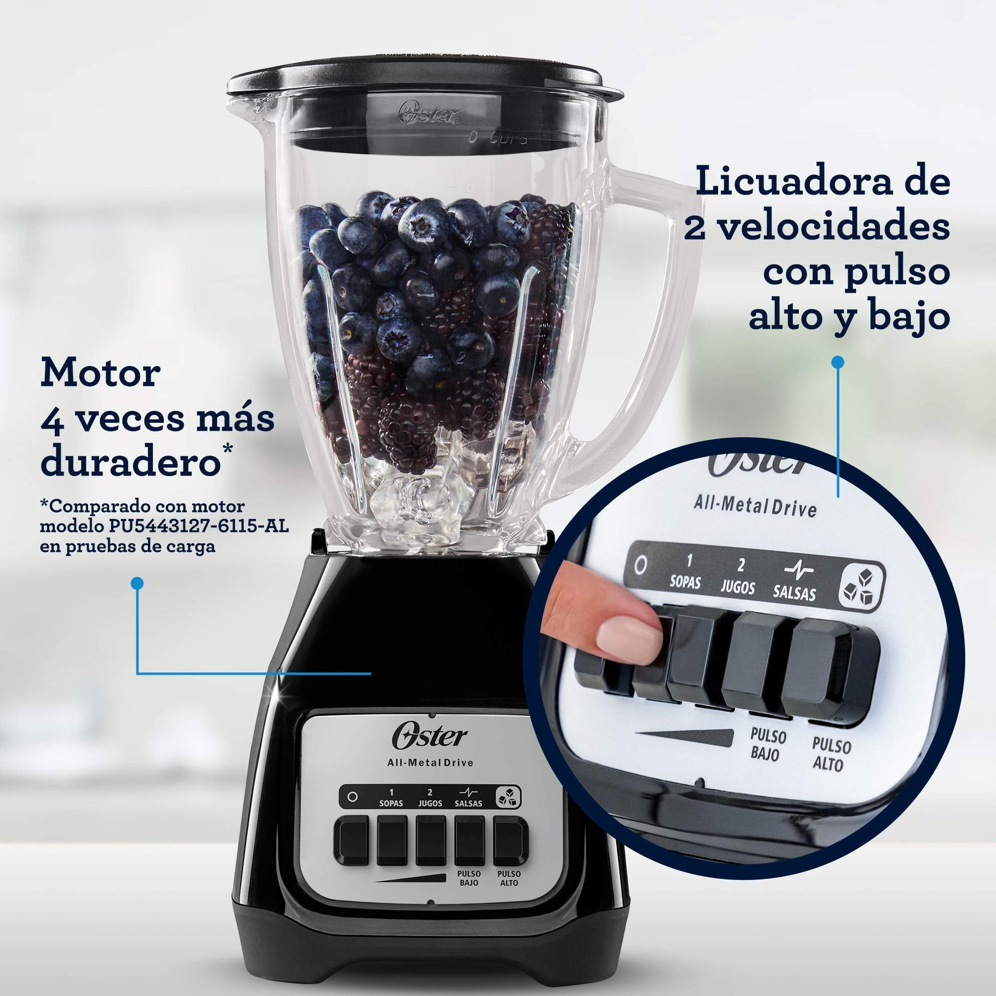 Licuadora Oster Azul Con Vaso De Vidrio Y Dos Velocidades Más Pulso