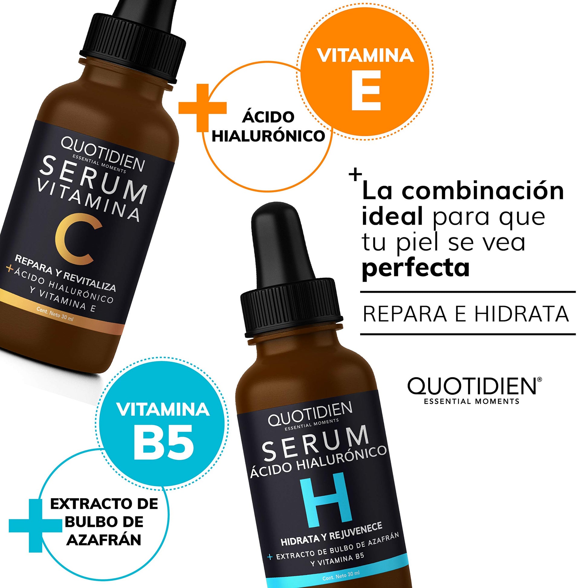 Kit Facial Quotidien: 1 Serum Vitamina C 30ml + 1 Serum Ácido Hialurónico 30ml - Ingredientes Naturales - Hidratación Profunda + Vitalidad en tu Rostro - Mejora la Textura- Firmeza y Tonificación- Disminución de arrugas y lineas de expresión.