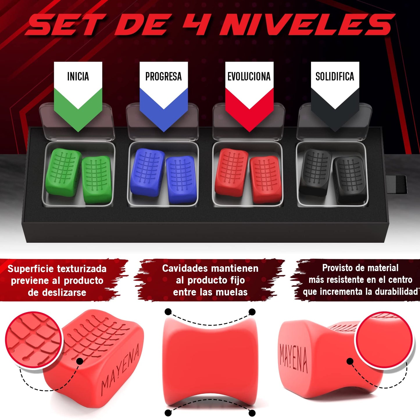 Ejercitador de mandíbula para hombres y mujeres de Mayena Sports - 4 niveles de resistencia (8 piezas) Tabletas de silicona para ejercitar la mandíbula - Potente entrenador de mandíbula y ejercitador facial para usuarios de todos los niveles - Adelgaza y