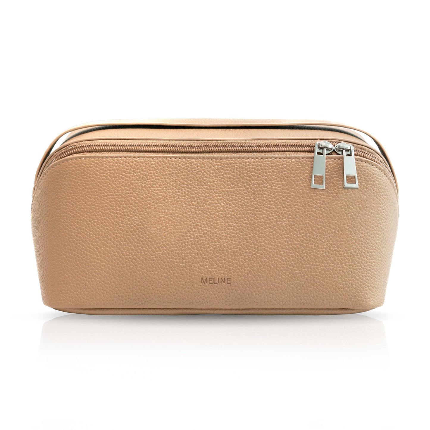 MELINE - Bolsa de maquillaje de viaje - Organizador de cosméticos y artículos de cambiador de gran capacidad con divisor y asa, diseño plano impermeable, bolsa portátil para mujer, gris topo, Bolsa de