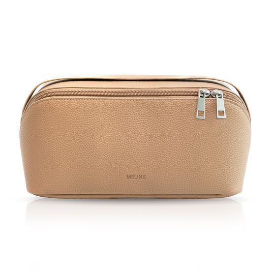 MELINE - Bolsa de maquillaje de viaje - Organizador de cosméticos y artículos de cambiador de gran capacidad con divisor y asa, diseño plano impermeable, bolsa portátil para mujer, gris topo, Bolsa de