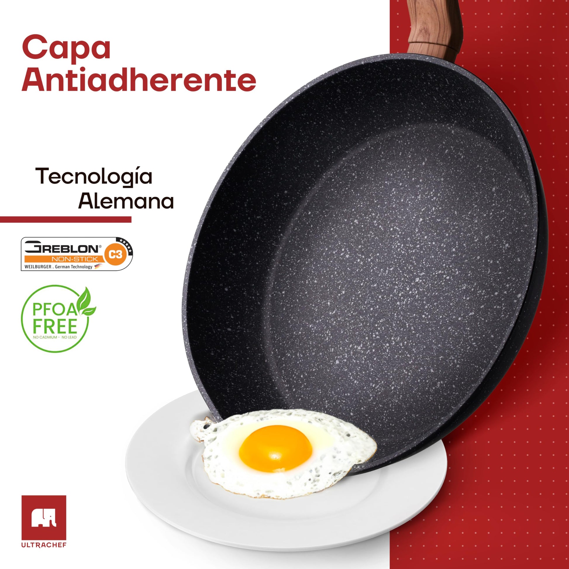 ULTRACHEF Juego de 3 piezas de Sartenes y Crepera con Revestimiento Antiadherente de Piedra de Alemania 100% libre de PFOA. Set de 3 Piezas (Sartenes 20 cm y 24 cm y Crepera 28 cm)