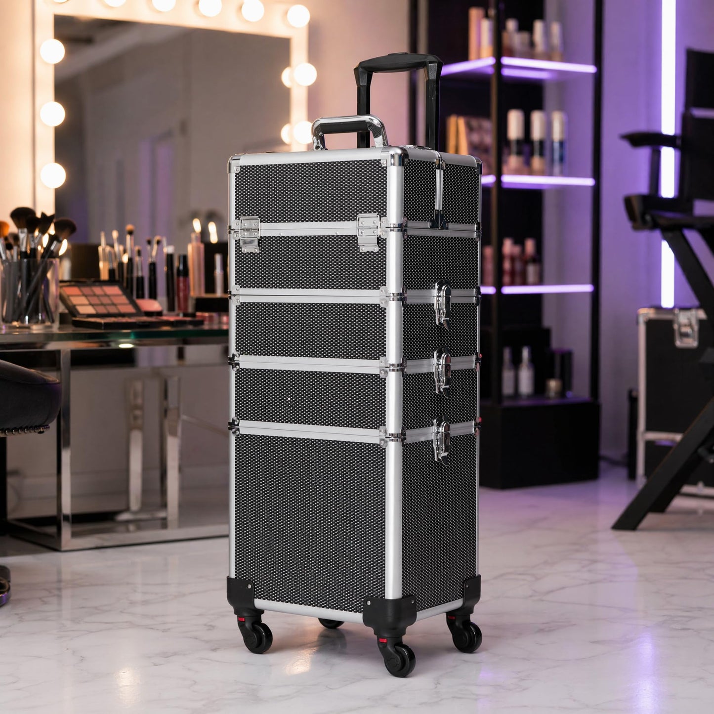 Gdsshuhung - Estuche de maquillaje para tren rodante, organizador profesional de cosméticos con marco de aluminio, bandejas plegables y ruedas, portátil para viajes y estudio, Negro diamond, Estuche