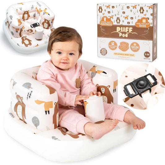Puff Pod Asiento inflable de alta calidad para bebé con bomba integrada, silla inflable con arnés de seguridad y base antideslizante, silla de bebé para bebés de 3 a 36 meses, silla inflable portátil