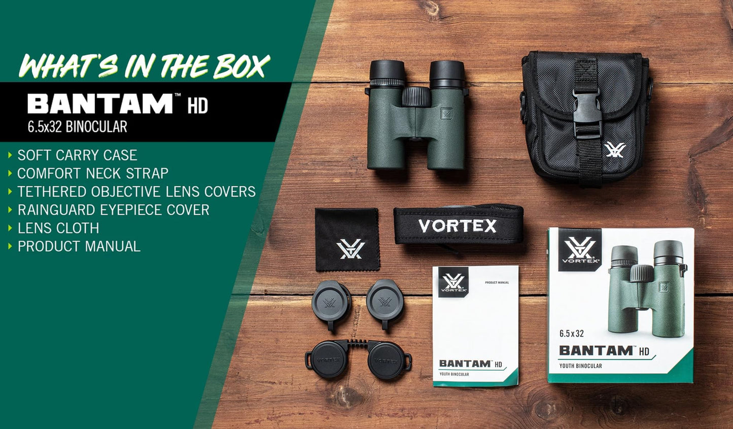 Vortex Optics Bantam HD 6.5 x 32 - Prismáticos juveniles - Sistema óptico HD, revestimientos de lente XR, armadura de goma, trípode adaptable, impermeable, a prueba de niebla, a prueba de golpes,