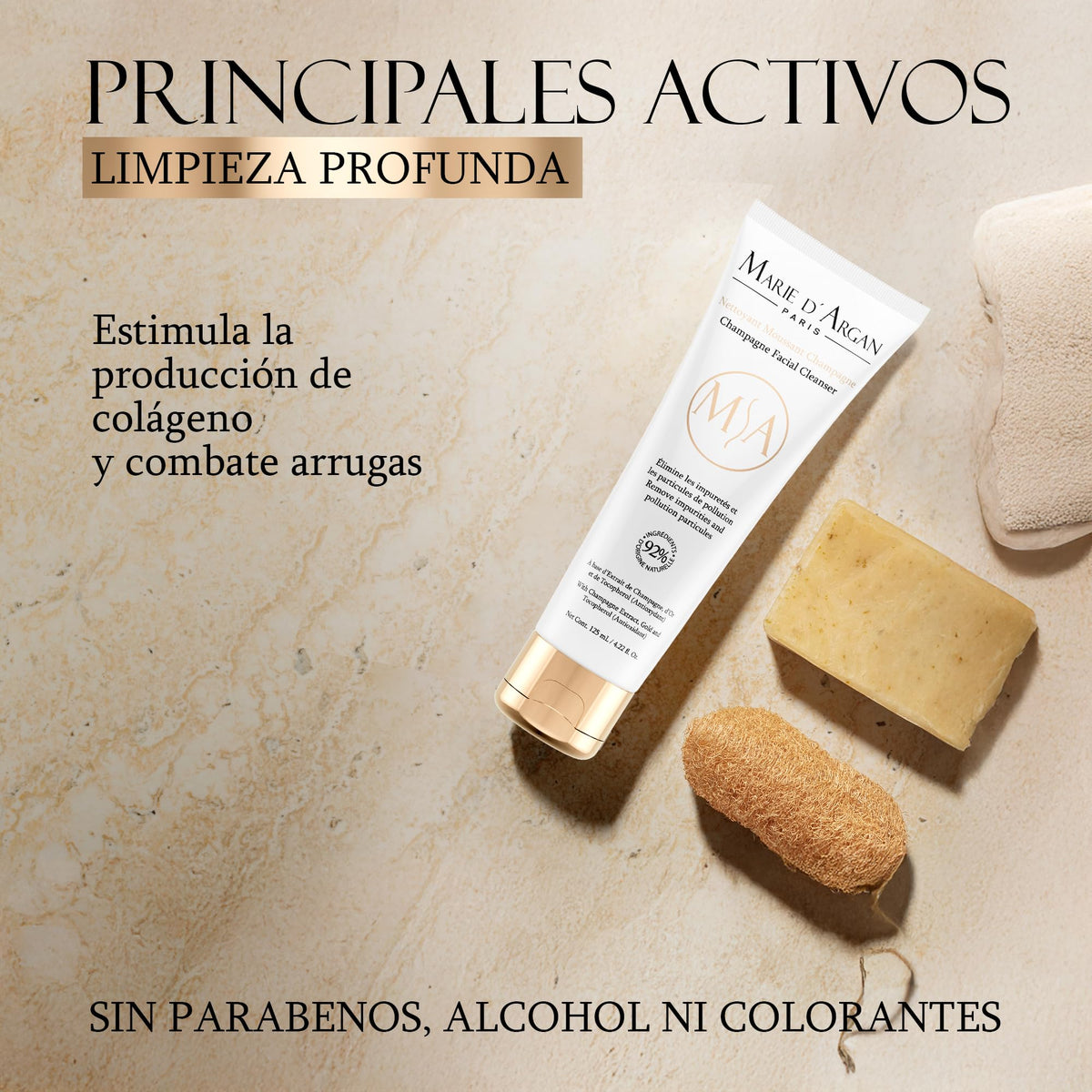 Marie D’Argan Limpiador Facial Champagne Con Oro Coloidal Y Vitamina E 125 ml, Limpieza Profunda, Control De Grasa, Ilumina Y Renueva, Sin Parabenos, Para Piel Normal, Mixta Y Grasa