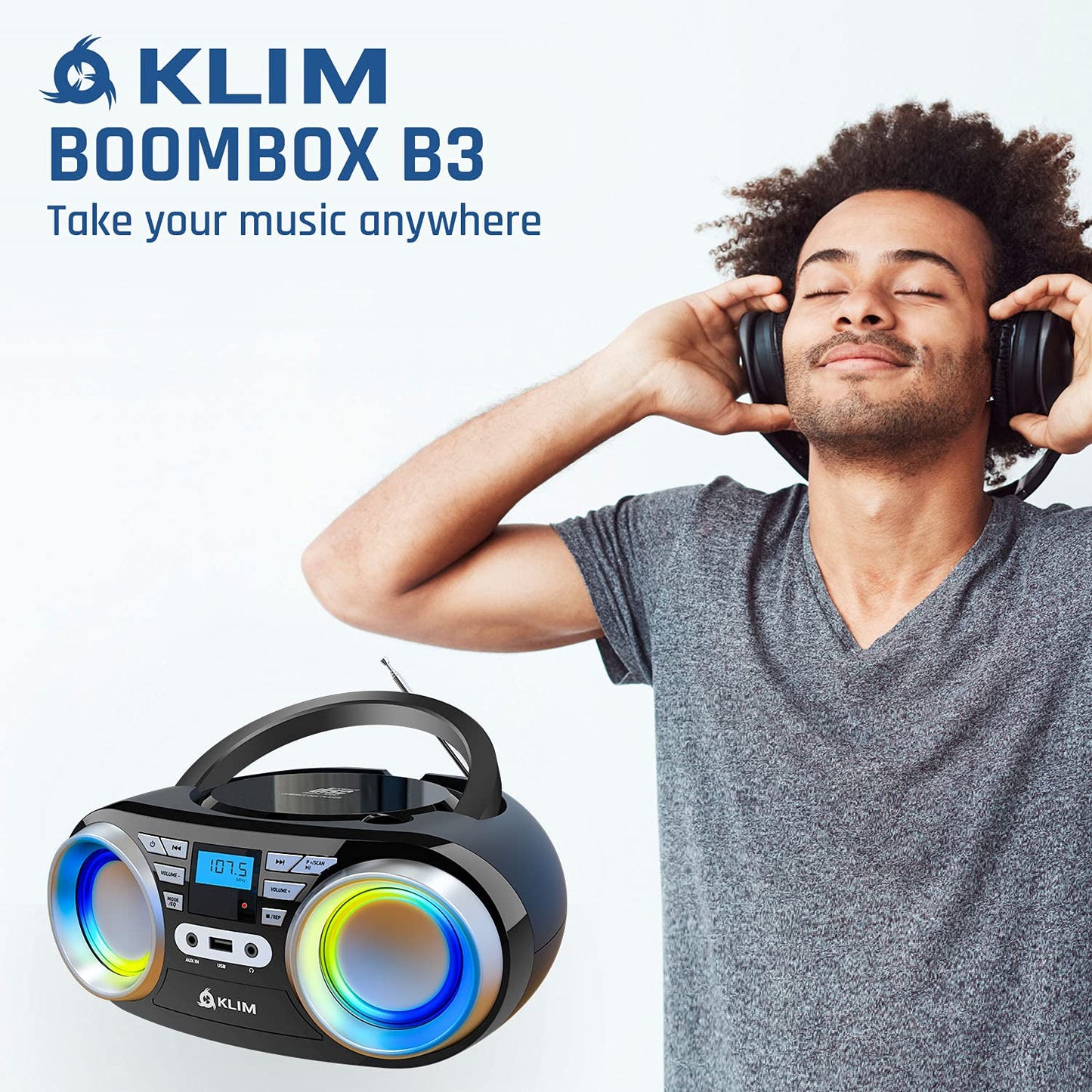 KLIM B3 CD Boombox Reproductor de CD de audio portátil, radio FM, batería recargable, Bluetooth, MP3 y AUX (renovado)