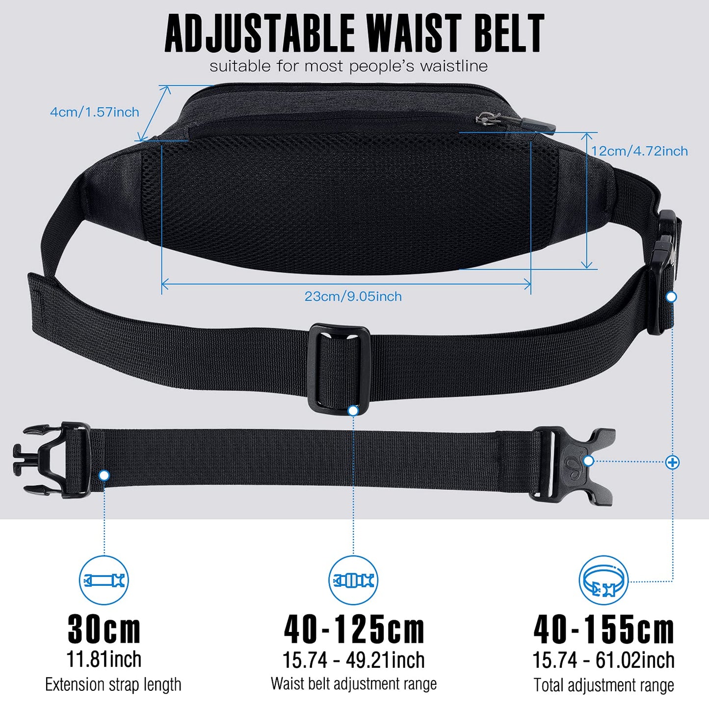 Riñonera Deportiva WATERFLY Negra con Cinturón Extendido para Mujer y Hombre