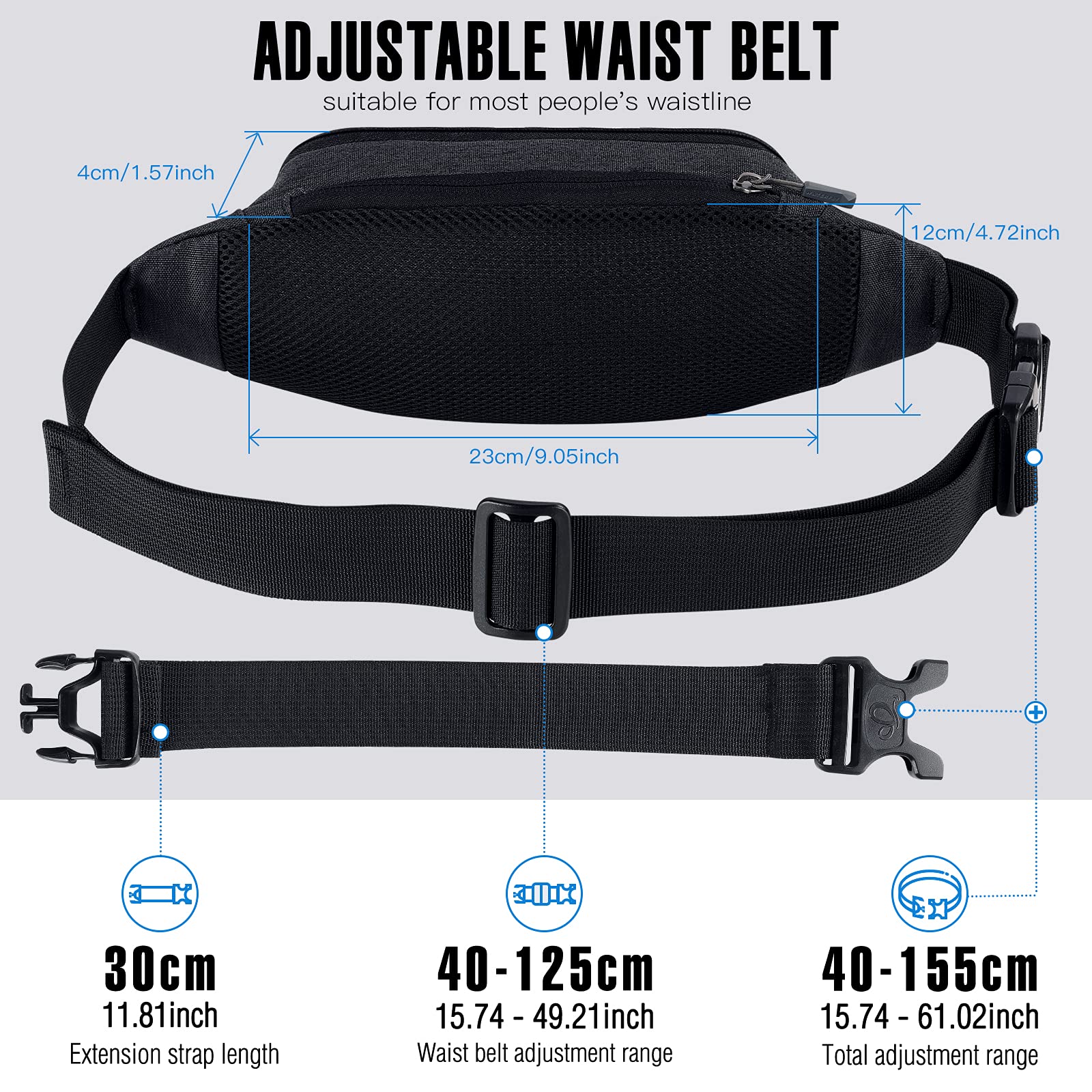 Riñonera Deportiva WATERFLY Negra con Cinturón Extendido para Mujer y Hombre