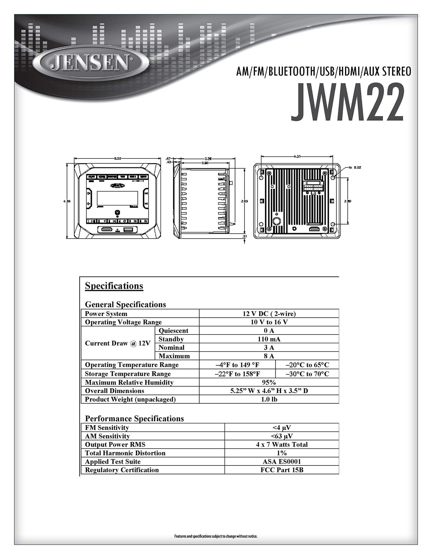 Jensen JWM22 - Altavoces Montaje en pared estéreo, 4X 6 W, 30 presets de estación (18FM/12AM), Bluetooth (A2DP) y controles (AVRCP), Negro