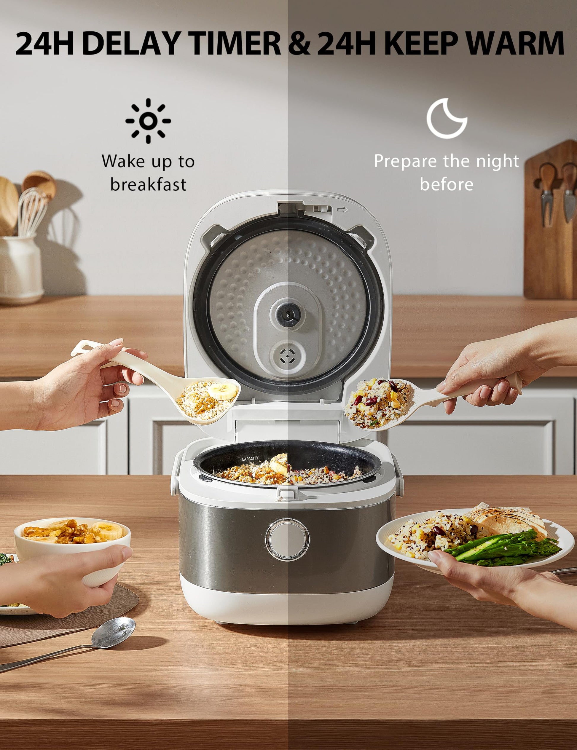 Olla de Arroz Toshiba Blanca con Calefacción por Inducción, Baja en Carbohidratos y Azúcar, Vaporizador Digital, 8 Funciones de Cocción, Temporizador de 24 Horas