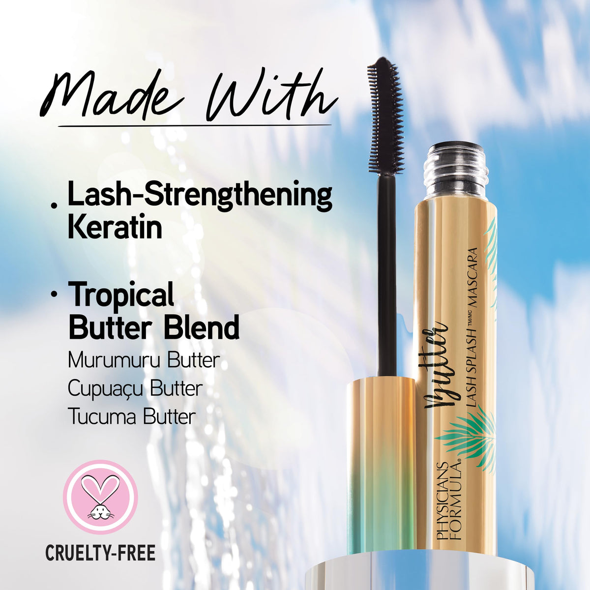 Physicians Formula Butter Lash Splash - Máscara impermeable, fórmula para construir con mantequilla de Murumuru y queratina fortalecedora de pestañas, proporciona volumen completo, elevación